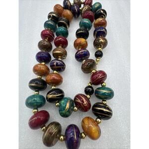 Vintage 90s Chunky Multi-Colour Marbled Bead Necklace w/ Gold Swirls Jewelry 28”